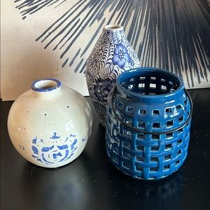 Blue shelf decor Rustic farmhouse vases Table centerpiece Three blue vases
